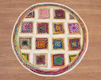 Handmade Round Jute Rug, Multicolor Braided Chindi, Bohemian Decor