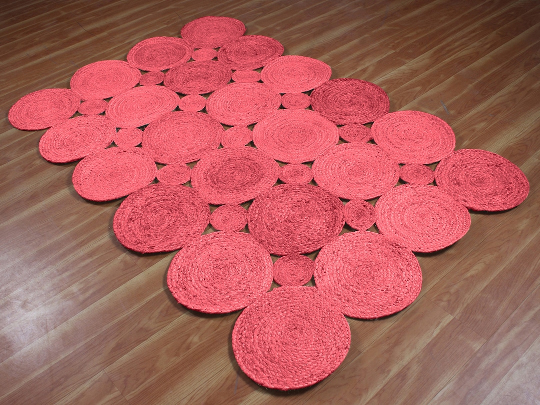 Scalloped Natural Jute Rug Red Boho Jute Runner Handmade Rug Modern Rug