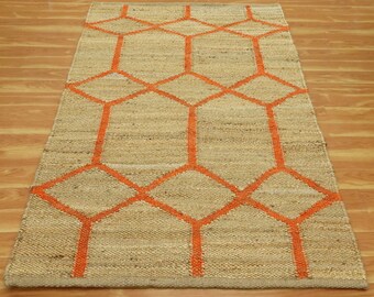 Orange jute area rug Hand woven outdoor kilim Square bedroom, living room carpet Hallway Stair runner Custom beige area rug 4x6 6x9 9x12 ft.