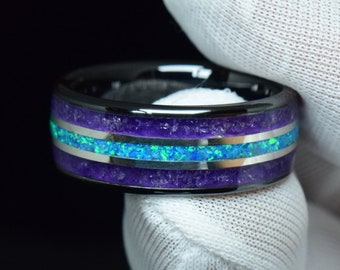 Engagement Ring, Promise Ring, Black Ceramic Ring with Blue Opal, Natural Amethyst and 14k White Gold Inlay, 8 mm