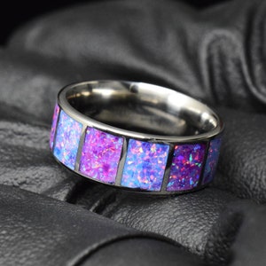 Medical Grade Stainless Steel / Gold Wedding Ring with Blue-Purple Opal Mix - Wedding Ring, Promise Ring