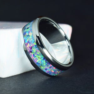 Tungsten Wedding Ring with Unicorn Opal Mix Inlay / Rainbow Ring - Wedding Ring, Promise Ring - Engraving Optional