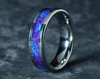 Tungsten Ring with High Quality (AAAA) Natural Amethyst and Deep Blue Opal Inlay - Wedding Ring, Promise Ring - Engraving Optional