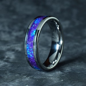 Tungsten Ring with High Quality (AAAA) Natural Amethyst and Deep Blue Opal Inlay - Wedding Ring, Promise Ring - Engraving Optional