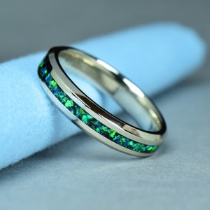 14k Yellow Gold Wedding Ring with Crushed Ethiopian Green Opal and Black Obsidian Inlay, Ring for Mens - Ring for Women