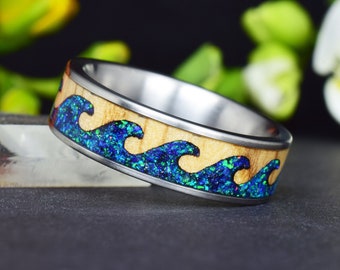 Wavy Titanium Wedding Ring with Crushed Opal and Olive Wood - Wedding Ring, Promise Ring - Ring for Men's