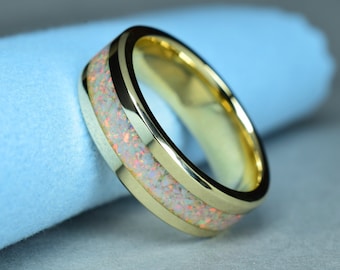 14k Yellow Gold Wedding Ring with Crushed Australian White Opal Inlay, Ring for Mens - Ring for Women