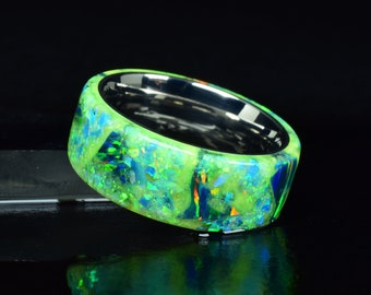 Raw Opal Ring - 14k White Gold Core with Aurora Glow Inlay - Wedding Ring, Promise Ring - Engraving Optional