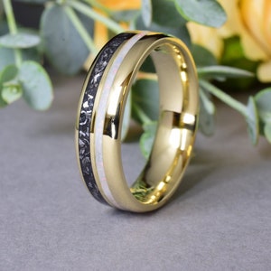 14k Yellow Gold Wedding Ring with Crushed Australian White Opal and Antimonite - Meteorite Mix Inlay, Ring for Mens - Ring for Women