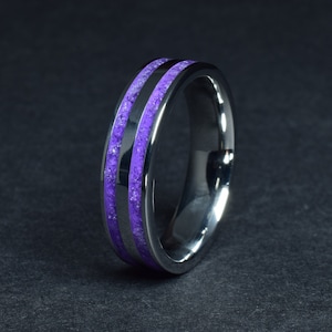 Medical Grade Stainless Steel Ring with Crushed High Quality Amethyst Inlay - Wedding Ring, Promise Ring - Engraving Optional