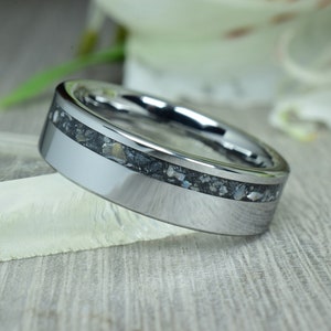 Tungsten Ring with Natural Pearl and Antimonite Crystals Inlay - Wedding Ring, Promise Ring - Engraving Optional