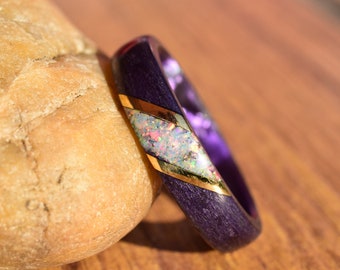 Purple Poplar Bentwood Ring with White Opal and 14k Yellow Gold Inlay on Purple Core - Wedding Ring, Promise Ring