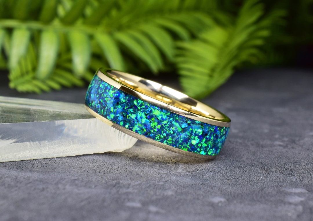14k Yellow Gold Wedding Ring With Dark Green and Blue Opal Mix Inlay ...
