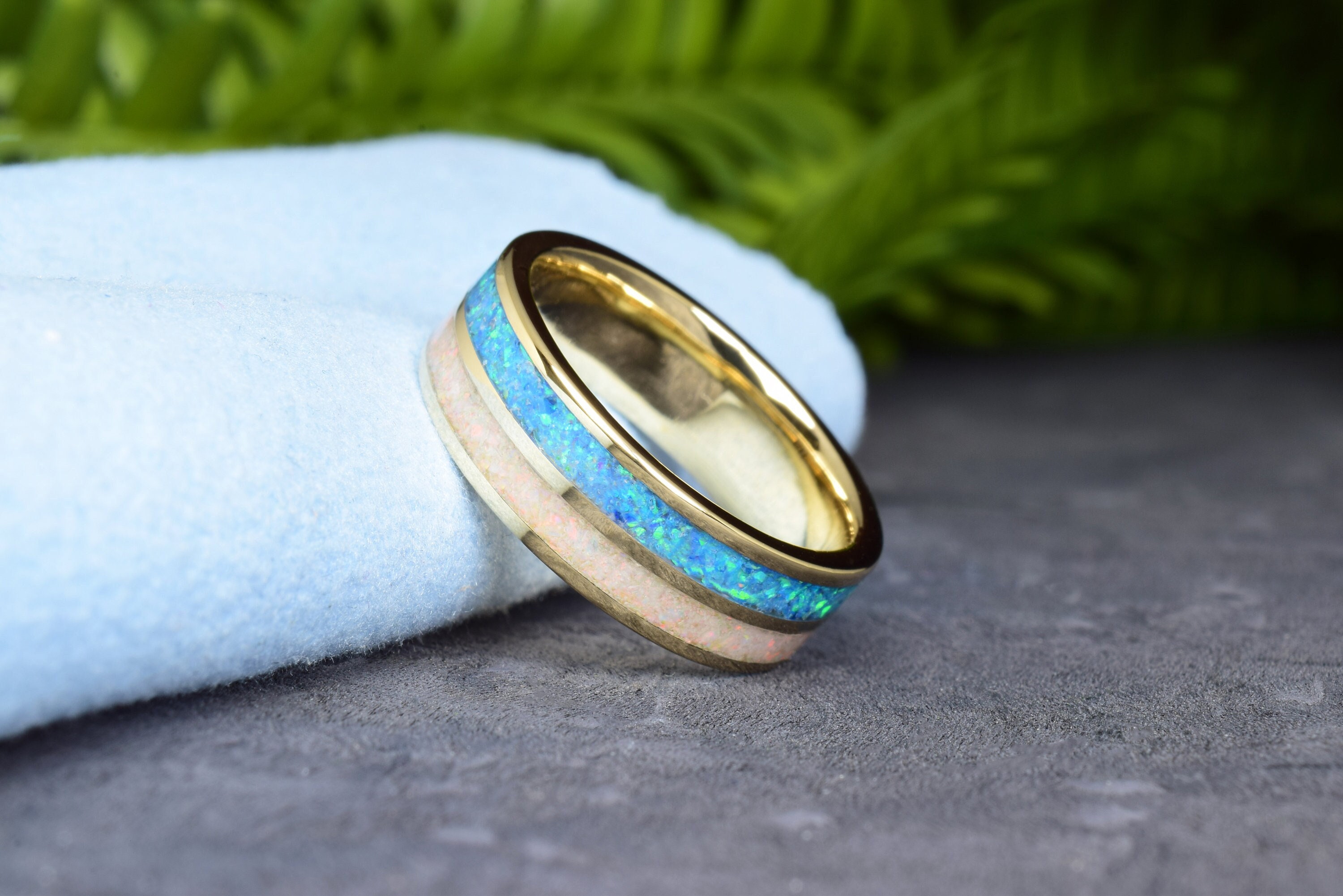 14k Yellow Gold Wedding Ring with Blue Opal and White Opal Inlay - Ring for Women - Ring for Men - Rose Gold Ring - Wedding Band