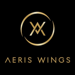 Può includere: Logo dorato su sfondo nero. Il logo presenta un monogramma stilizzato 'AW' all'interno di un cerchio dorato, con le parole 'AERIS WINGS' in lettere dorate sottostanti. Il design è semplice ed elegante.