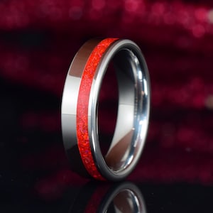 Tungsten Ring - Deep Ruby Red Opal Inlay Wedding Ring - Lava jewelry