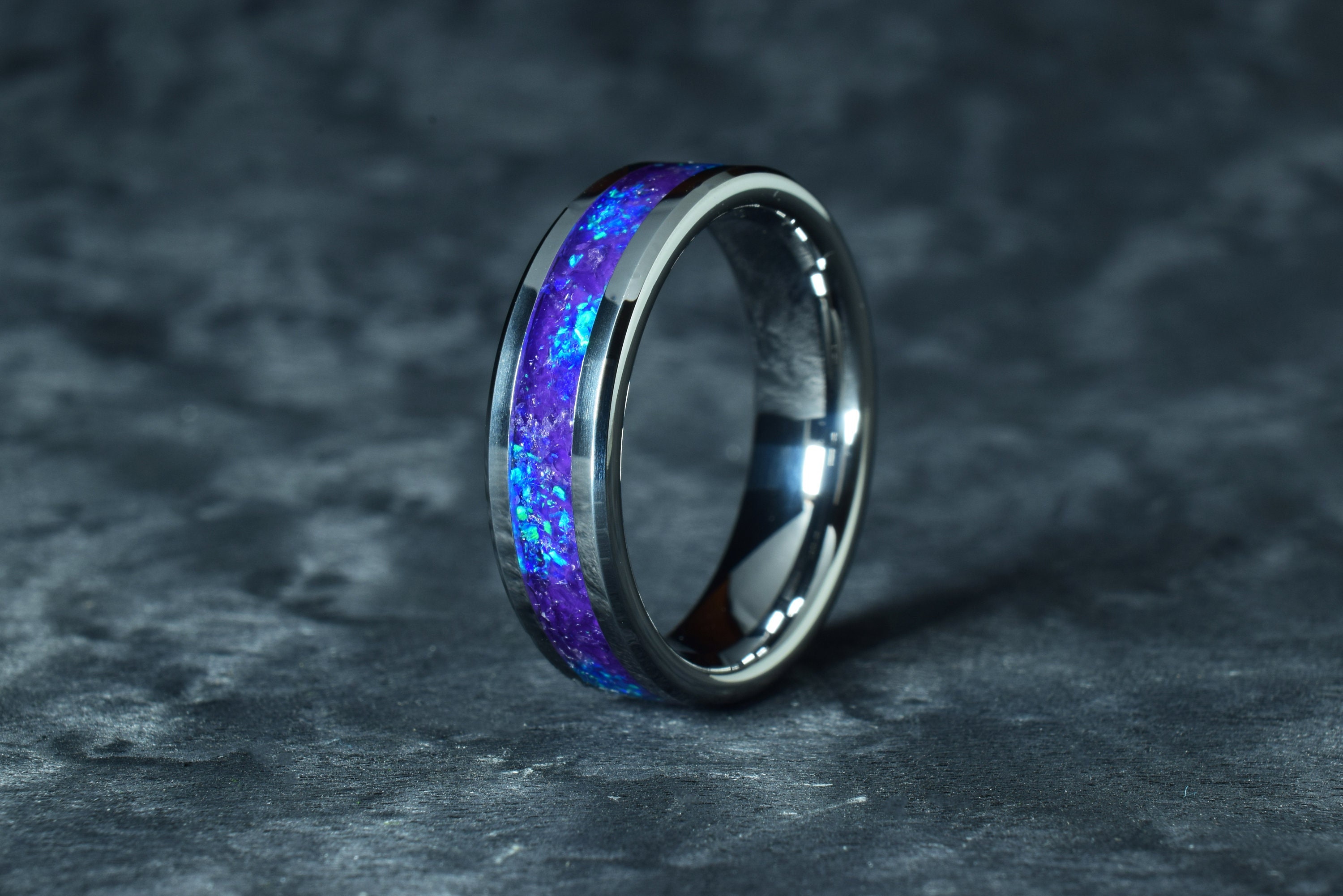 Tungsten Ring with High Quality (AAAA) Natural Amethyst and Deep Blue Opal Inlay - Wedding Ring, Promise Ring - Engraving Optional