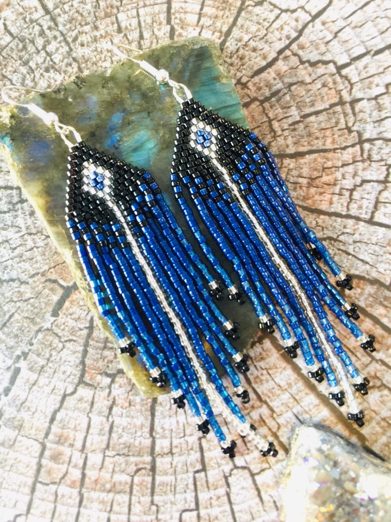 Fringe beaded earrings Bleu