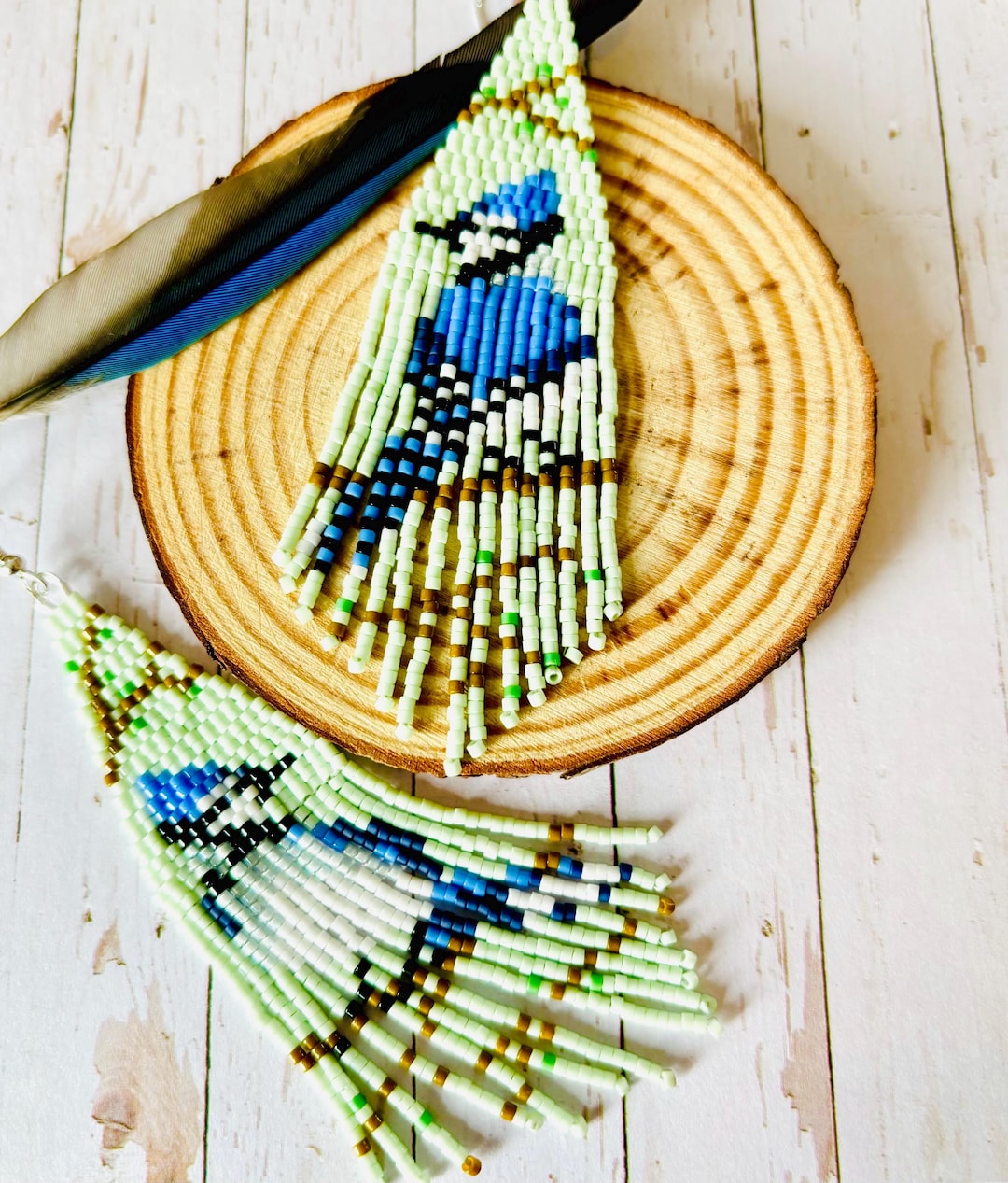 Boucles D'oreilles Clips Vintage Artisan Found - Geai Bleu Perché Sur Boucle Avec Strass - Occasion