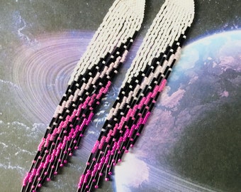 long fringe beaded earrings