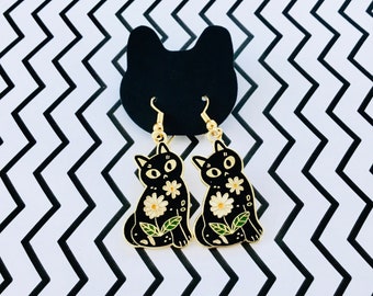 Black cats and daisies earrings