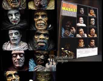 Può includere: Un set di 12 maschere di Hollywood dipinte a mano in una teca nera. Le maschere presentano vari personaggi di mostri classici, tra cui Frankenstein, Dracula e la Creatura della Laguna Nera. La teca è etichettata "Professional Hand-Painted Edition Hollywood Masks!"