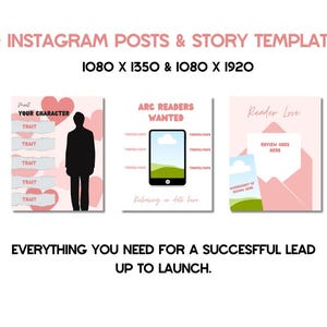 以下が含まれることがあります： ピンクと白のInstagram投稿テンプレート。テキストは「80のInstagram投稿とストーリーテンプレート」。キャラクター特性、読者の愛、本の比喩のグラフィックが含まれています。テキスト：「発売までのリードを成功させるために必要なすべて。」