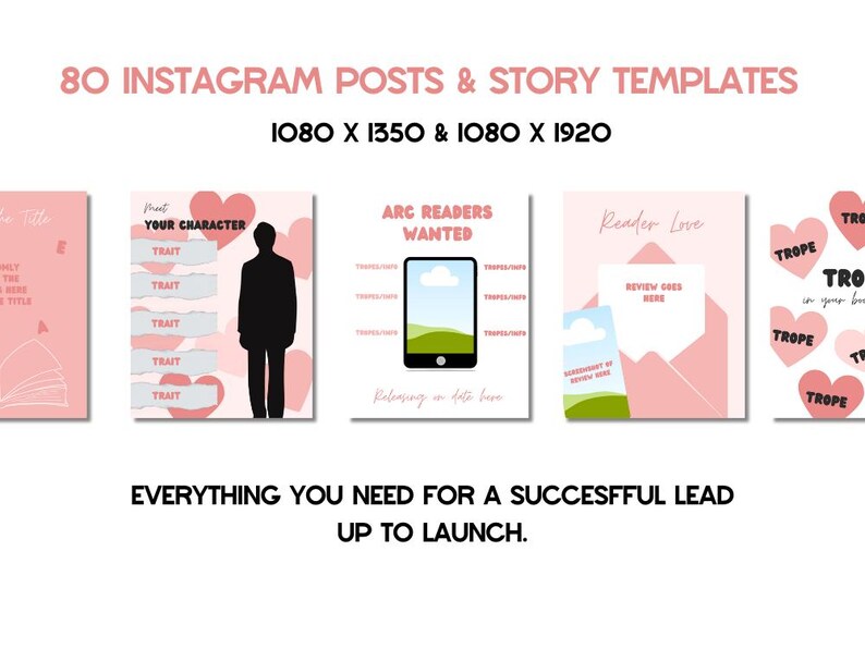 以下が含まれることがあります： ピンクと白のInstagram投稿テンプレート。テキストは「80のInstagram投稿とストーリーテンプレート」。キャラクター特性、読者の愛、本の比喩のグラフィックが含まれています。テキスト：「発売までのリードを成功させるために必要なすべて。」
