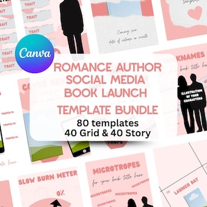 Könnte beinhalten: Eine Sammlung von pinkfarbenen und weißen Social-Media-Vorlagen für Romanautoren. Die Vorlagen enthalten Grafiken für Charaktereigenschaften, Buchankündigungen und eine Slow-Burn-Anzeige. Das Canva-Logo ist sichtbar.