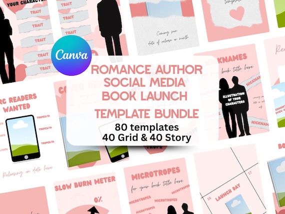 Romance Author Social Media Templates, Book Launch Kit (Canva)