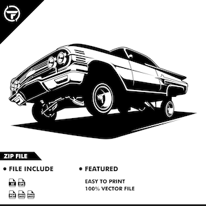 May include: Black and white illustration of a classic car with large wheels. The car is a lowrider with a long, sleek body and a distinctive grill. The car is depicted in a side view, with the front wheels turned slightly to the left.