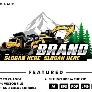 Könnte beinhalten: Ein Logo mit gelben Baumaschinen, einem Berg und grünen Bäumen. Das Wort "BRAND" steht im Mittelpunkt, darunter "SLOGAN HERE". Das Design enthält auch den Text "EASY TO CHANGE" und "100% VECTOR FILE".