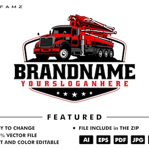 May include: A red and black concrete pump truck illustration. The truck is centered on a shield-shaped emblem with the words "BRANDNAME YOURSLOGANHERE". Below the emblem are the words "FEATURED" and bullet points indicating the file is easy to change, a 100% vector file, and text and colour editable.