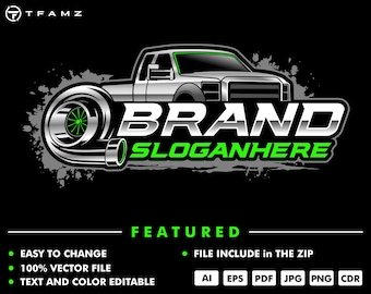 May include: A black and white logo design featuring a white pickup truck with a green turbocharger. The text "BRAND" is in white with a black outline and the text "SLOGANHERE" is in green. The logo is set against a gray and white splatter background.
