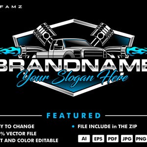 May include: A silver and blue logo design featuring a pickup truck with pistons and flames. The text "BRANDNAME" and "Your Slogan Here" are included in the design.