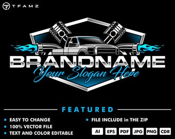 May include: A silver and blue logo design featuring a pickup truck with pistons and flames. The text "BRANDNAME" and "Your Slogan Here" are included in the design.