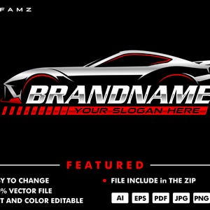 Könnte beinhalten: Ein elegantes Auto-Logo in Silber und Schwarz mit roten Akzenten. Der Text "BRANDNAME" ist prominent, darunter "YOUR SLOGAN HERE". Das Design enthält auch den Text "EASY TO CHANGE", "100% VECTOR FILE" und "TEXT AND COLOR EDITABLE".
