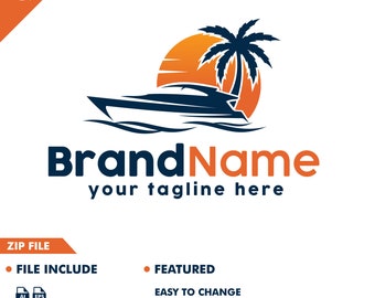 May include: A logo design featuring a blue and white speedboat with a palm tree and orange sunset in the background. The text "BrandName" and "your tagline here" is below the image.