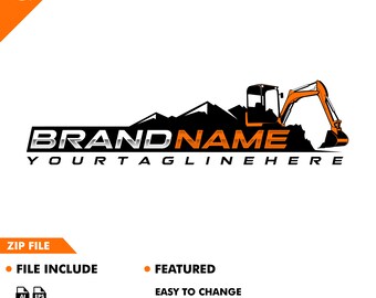 May include: A logo design featuring a black silhouette of mountains with an orange excavator digging into the side of the mountain. The text "BRANDNAME" is in a silver metallic font with a black outline. The text "YOURTAGLINEHERE" is below the brand name in a black sans-serif font.
