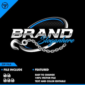 May include: A silver and blue logo design with the word "BRAND" in a bold white font. The logo also includes a chain and hook, and the text "Sloganhere" in a blue cursive font.