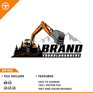 Könnte beinhalten: Ein schwarzer und orangefarbener Bagger mit einem großen Löffel gräbt in einen Berghang. Der Bagger steht vor einer Bergkette mit Bäumen im Vordergrund. Der Text "BRAND YOURSLOGANHERE" befindet sich unter dem Bagger.