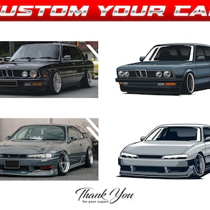 May include: Four illustrations of custom cars. Two black and white illustrations of a BMW E28 and a Nissan 240SX. Two colour illustrations of the same cars, one in blue and one in grey.