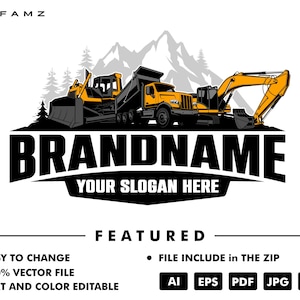 Könnte beinhalten: Ein Logo mit gelben und schwarzen Baumaschinen: einem Bulldozer, einem Muldenkipper und einem Bagger. Das Logo enthält den Text "BRANDNAME" über "YOUR SLOGAN HERE". Zusätzlicher Text lautet "EASY TO CHANGE", "100% VECTOR FILE", "TEXT AND COLOR EDITABLE" und "FILE INCLUDE IN THE ZIP".