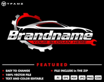 Puede incluir: Diseño de logotipo negro con una silueta de coche blanca, una llave inglesa roja y un engranaje. El texto "Brandname" se muestra, con "YOUR SLOGAN HERE" debajo. El diseño incluye el texto "FEATURED" e iconos de tipo de archivo.