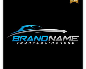 May include: A logo design on a black background featuring a stylized blue and silver car silhouette above the text BRANDNAME and YOURTAGLINEHERE. A gold banner in the top right corner displays five stars and the text TRUSTED BY 7K+ BUYERS.