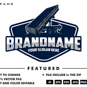 May include: A blue and gray logo with a dump truck in the background. The text "BRANDNAME" is in a large, bold font with the text "YOUR SLOGAN HERE" below it.