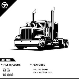 Op de afbeelding: Zwart-wit illustratie van een vrachtwagen. De afbeelding bevat de tekst "ZIP FILE", "FILE INCLUDE", "FEATURED", "EASY TO PRINT" en "100% VECTOR FILE". De vrachtwagen heeft twee uitlaatpijpen en een gedetailleerde grille.
