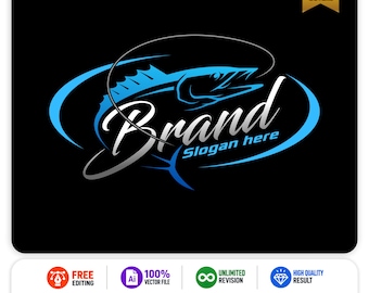 May include: A graphic logo design on a black background featuring a stylized blue fish silhouette encircled by a curved line. The text reads Brand Slogan here in a white script font. A gold badge in the corner states Trusted by 7K+ Buyers.