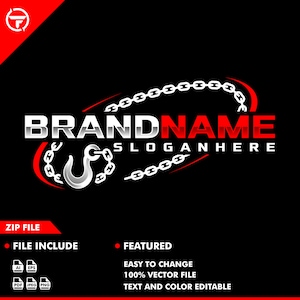 May include: A logo design featuring a silver hook and chain in a red and white circular design. The text "BRANDNAME" and "SLOGANHERE" are in a silver and red 3D font.