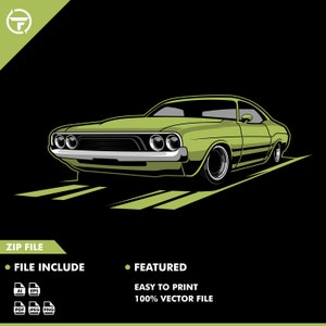 Op de afbeelding: Een groene vintage muscle car met zwarte strepen, rijdend op een zwarte achtergrond. De auto heeft een chromen bumper en koplampen. De auto is een vectorillustratie.
